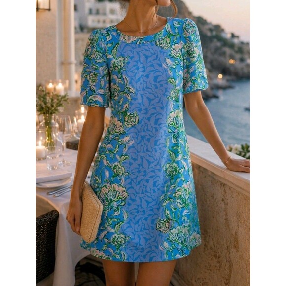 Lilly Pulitzer Dresses & Skirts - Lilly Pulitzer XXS Blue Floral Puff Sleeve Shift Dress Resort Coastal